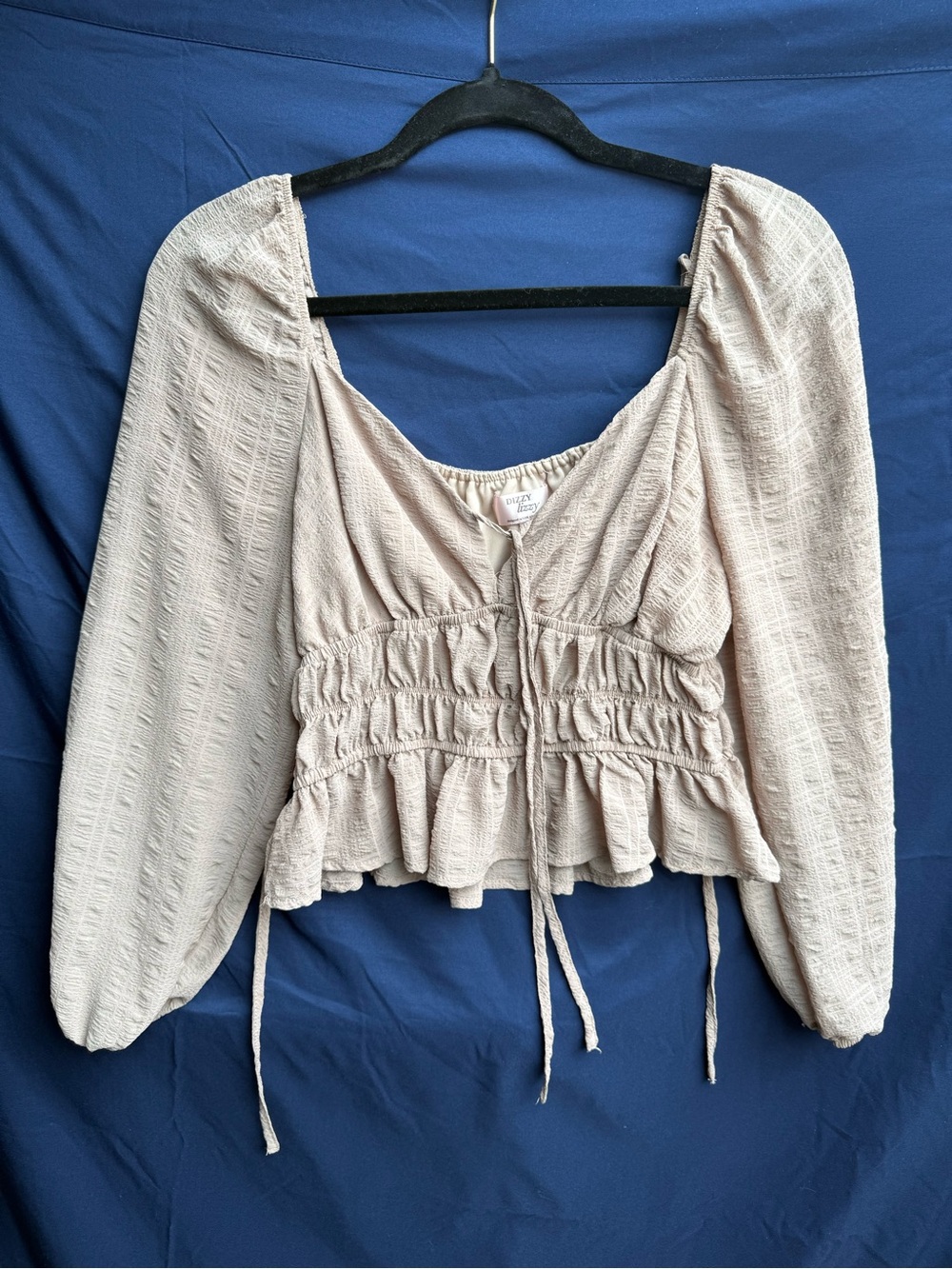 Beige Peasant Smocked Tie-Front Blouse - Women Tops